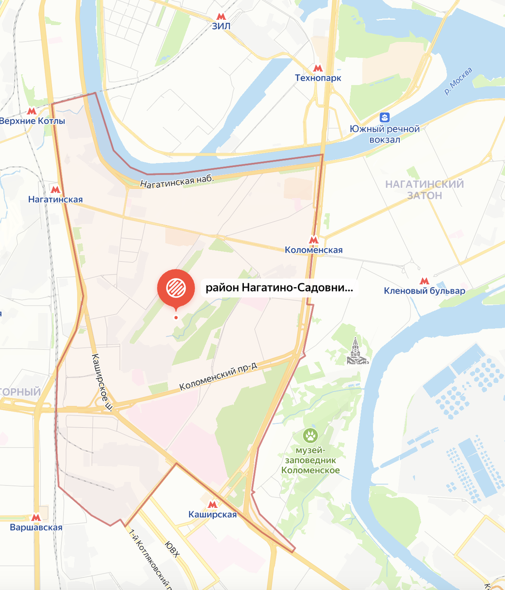 Современные границы района Нагатино-Садовники. Яндекс.Карты.