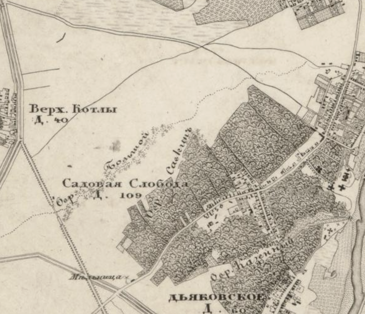 Садовники (Садовая слобода) на карте окрестностей Москвы 1848 года. С сайта www.retromap.ru.