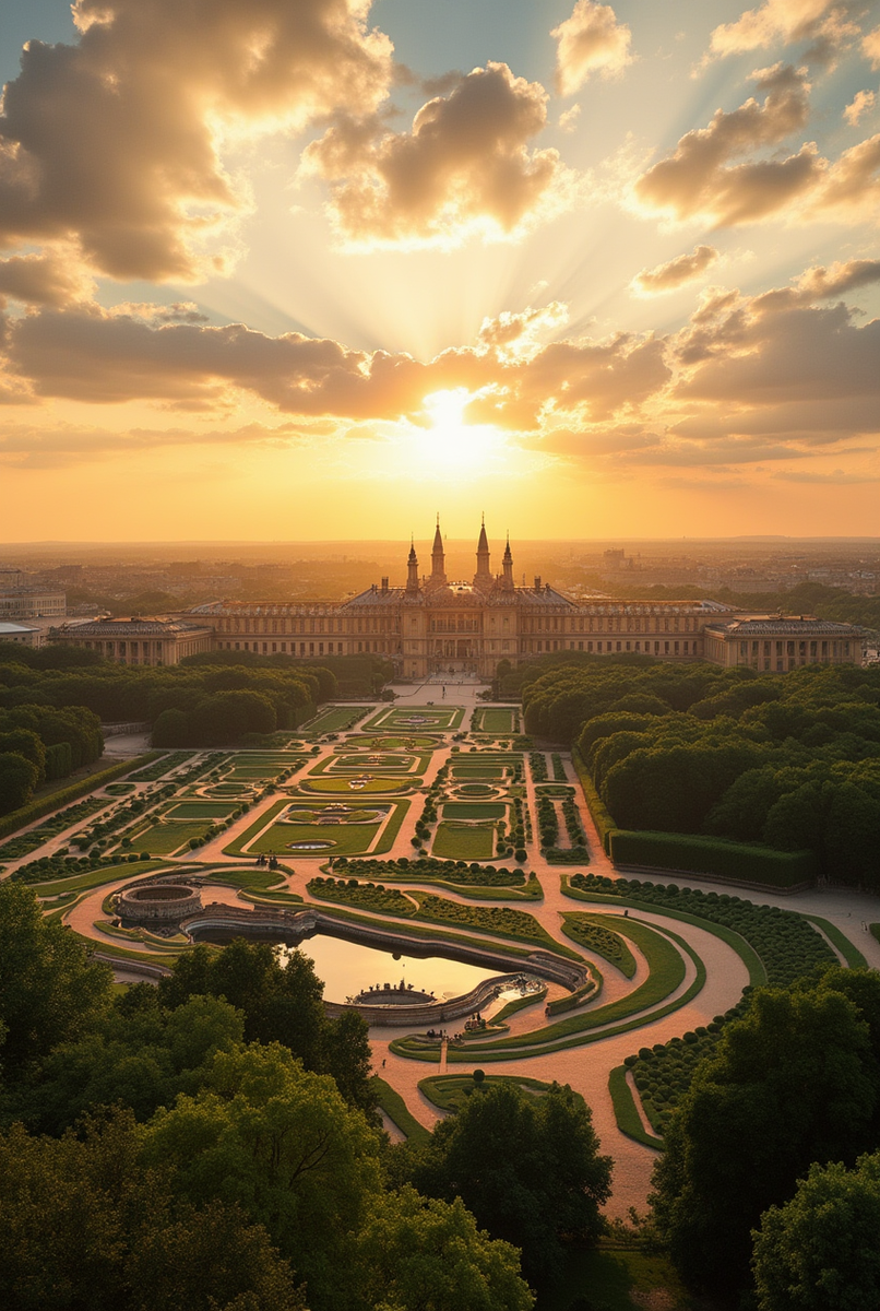 Панорамный вид на фасад Версальского дворца с его знаменитыми садами на переднем плане