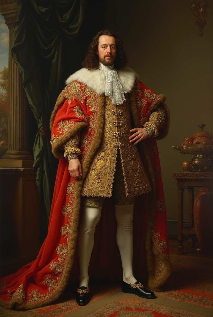 Портрет Людовика XIV в полный рост, в его знаменитой позе с рукой на бедре, в королевской мантии и туфлях на каблуках. Взгляд властный и немного надменный.