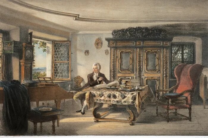 Рудольф Риттер фон Альт "Моцарт в своём кабинете на Каленберге работает над Волшебной флейтой"