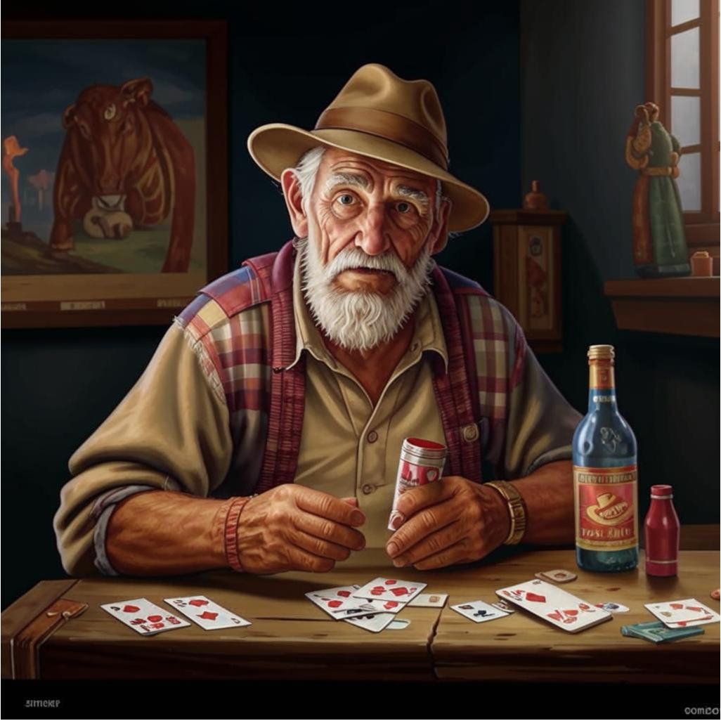 Изображение создано нейросетью Kandinsky , правообладатель ПАО Сбербанк© дедушка был большой любитель выпить, играл в карты, однажды даже проиграл корову