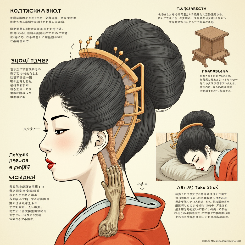 Конструкция причёски гейши весила до 4 кг и сохранялась неделями. Специальная деревянная подставка под шею заменяла подушку, а зуд от паразитов облегчали длинные чесательные палочки.