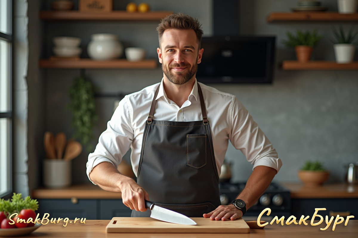 Мужчина в фартуке, готовый к приготовлению кулинарного шедевра  Фото сгенерировано с помощью ИИ