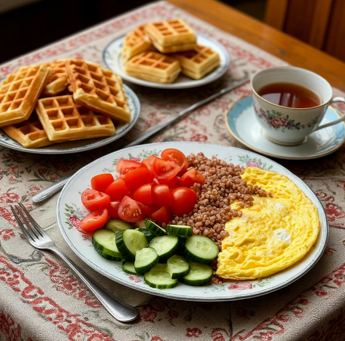 Создано нейросетью. Примерно такой ужин был. Только нейросеть овощи на тарелку положила по отдельности, но ничего)))