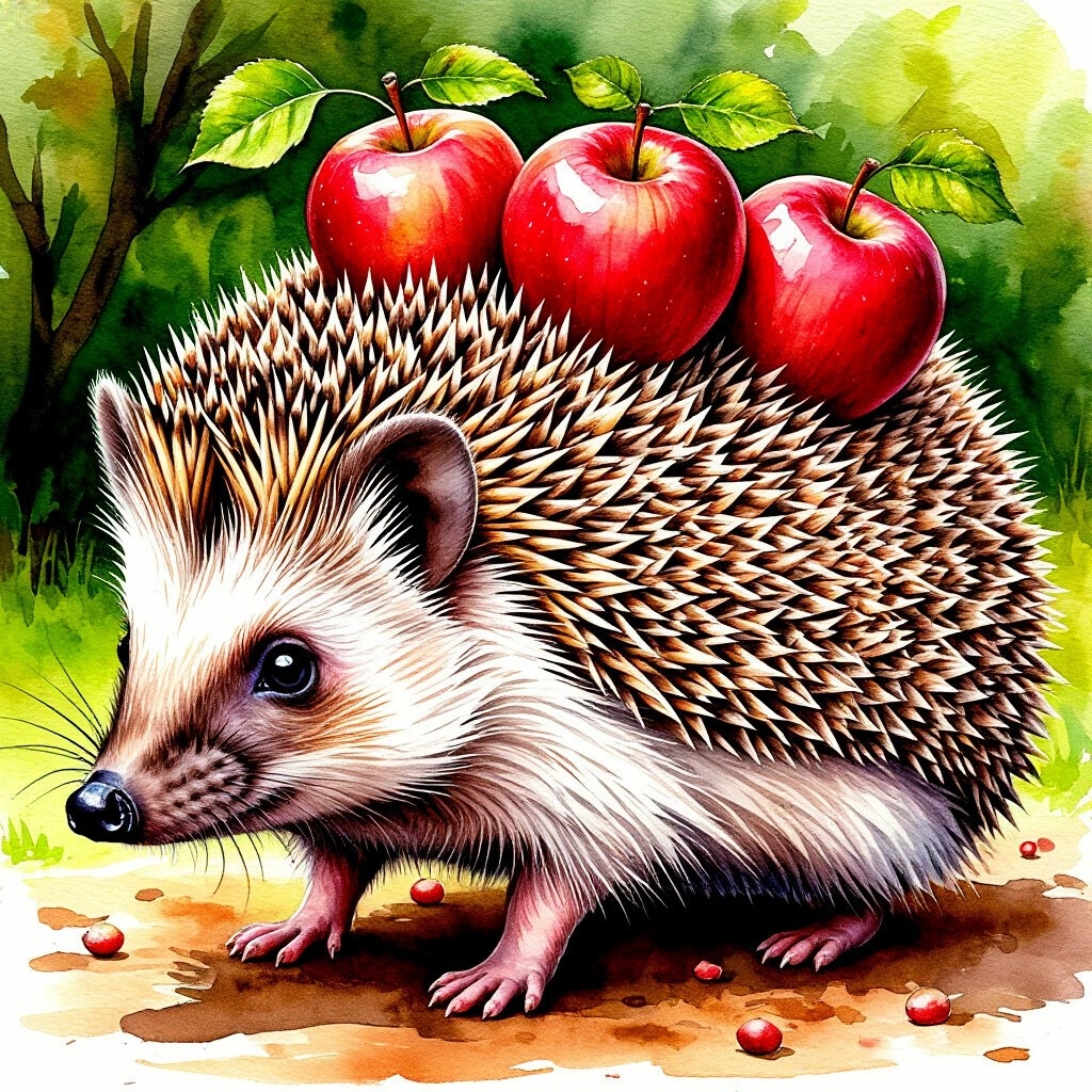 Папа-еж, на спине три яблока