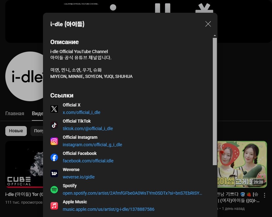 Описание к каналу группы в Ютуб