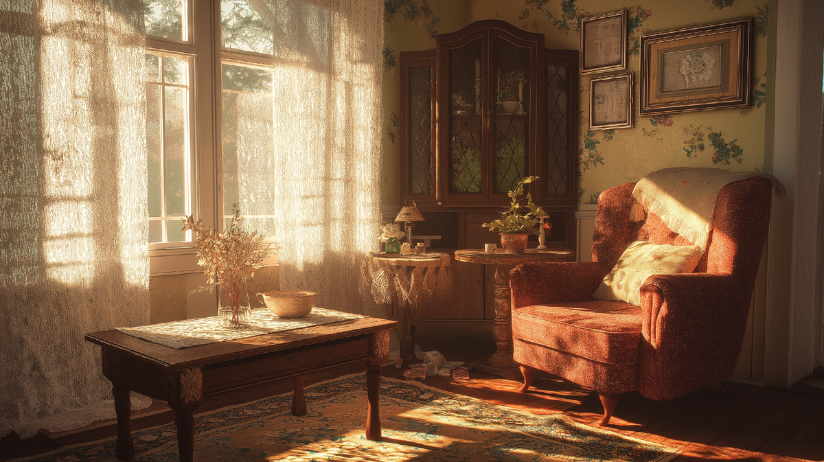 Кружевные занавески, тяжелая мебель из дерева, солнечные лучи на полу - картинка родом из детства