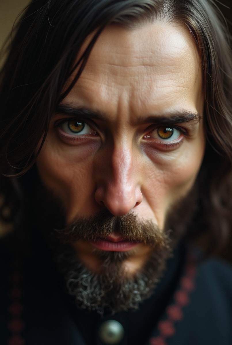 Знаменитый "гипнотический" взгляд Распутина — его пронзительные глаза смотрят прямо в душу.