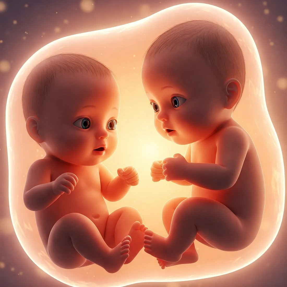 Два младенца в светящейся утробе, окружённые мягким сиянием — один полон любопытства, другой полон сомнений — мгновение перед прыжком в неизвестность.