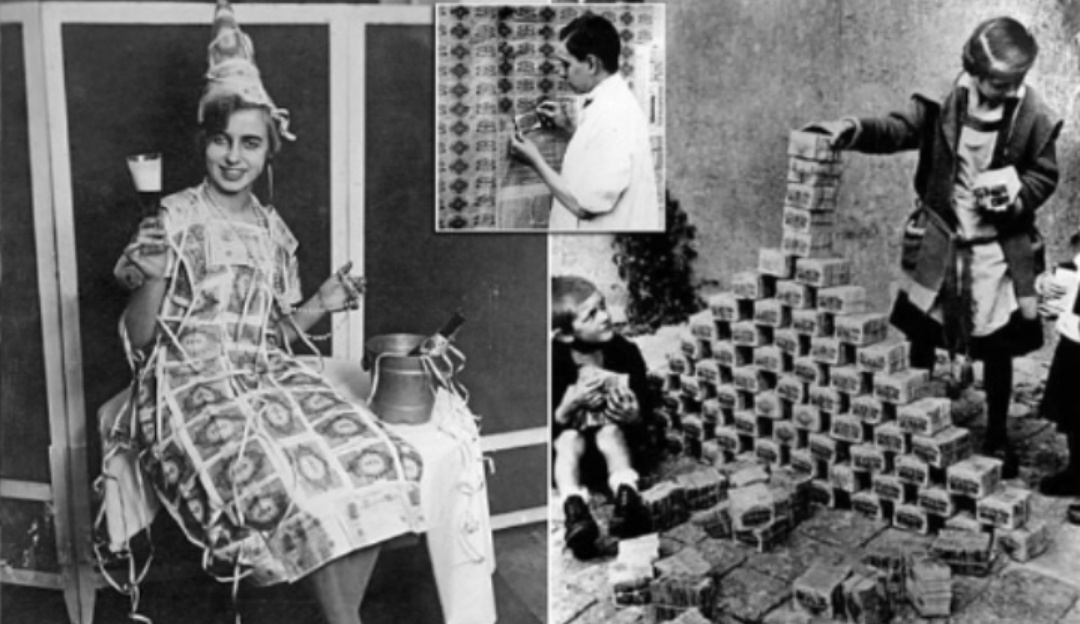 Пример использования совершенно обесцененных денег. Игрушки для детей, бумага для заклеивания голых стен и для одной модницы - материал для платья.