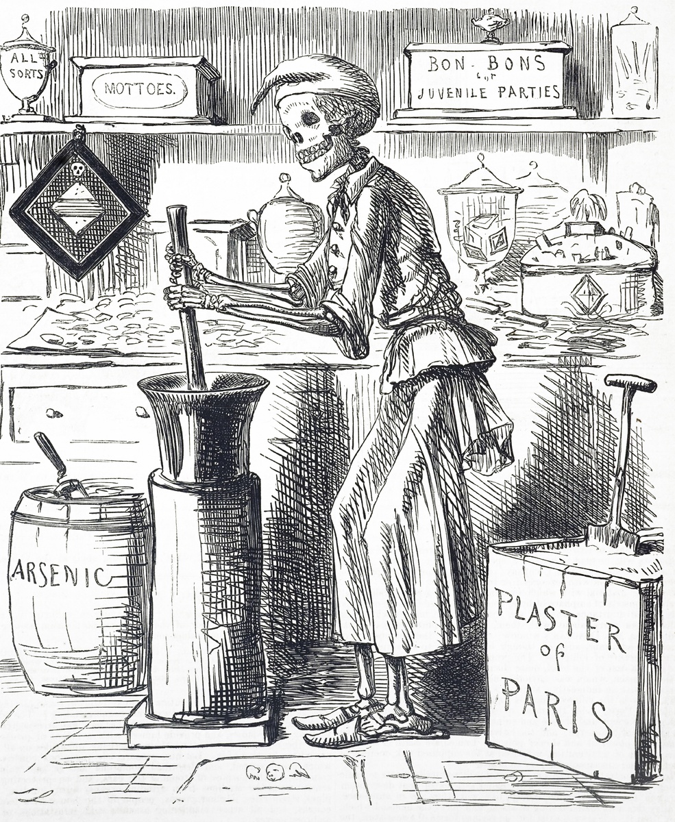 Карикатура под названием «Отравление из-за фальсификации продуктов питания». В ноябре 1858 года кондитер купил у аптекаря гипс, чтобы добавить его в леденцы. Вместо гипса ему случайно продали мышьяк, и из примерно 200 отравившихся человек 20 умерли. Этот случай дал повод тем, кто пытался провести через парламент закон о фальсификации продуктов питания (Закон Шолфилда 1859 года). Иллюстрация Джона Лича (1817–1864), английского карикатуриста и иллюстратора, датируется XIX веком. Мышьяк также использовался для окрашивания продуктов питания. ИСТОЧНИК: Universal History Archive/Universal Images Group через Getty Images. Universal History Archive