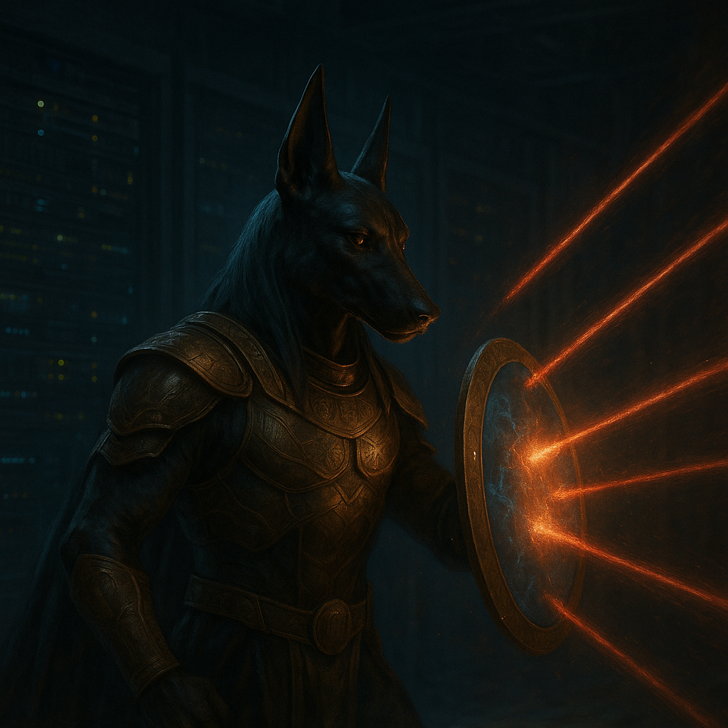 Кинематографичный Anubis в серверной, отражающий плазменные «лучи» DDoS-атаки щитом