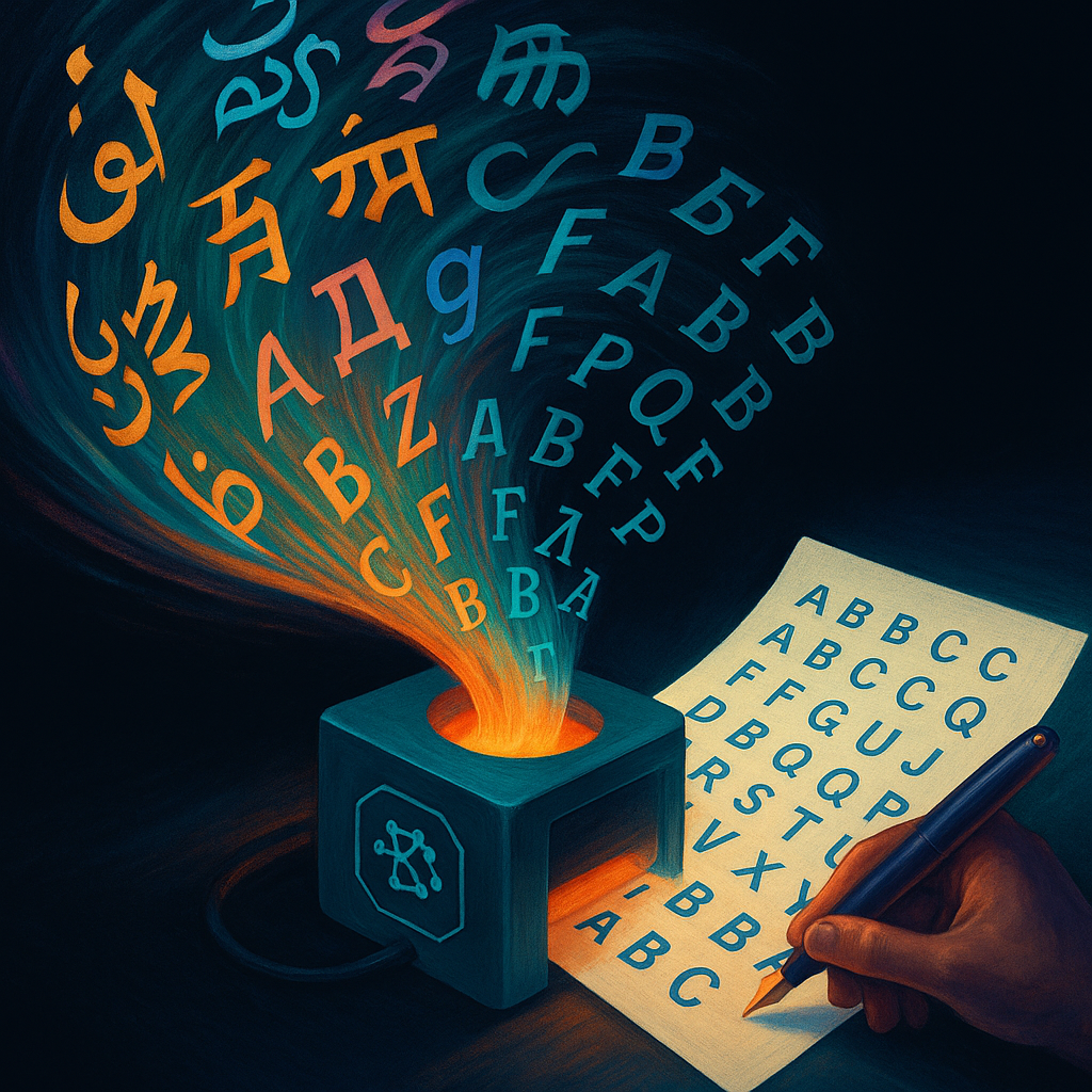 Динамичный визуальный образ, где потоки разноязычных символов превращаются в единообразные латинские буквы после «прохода» через glowing-AI-кубик