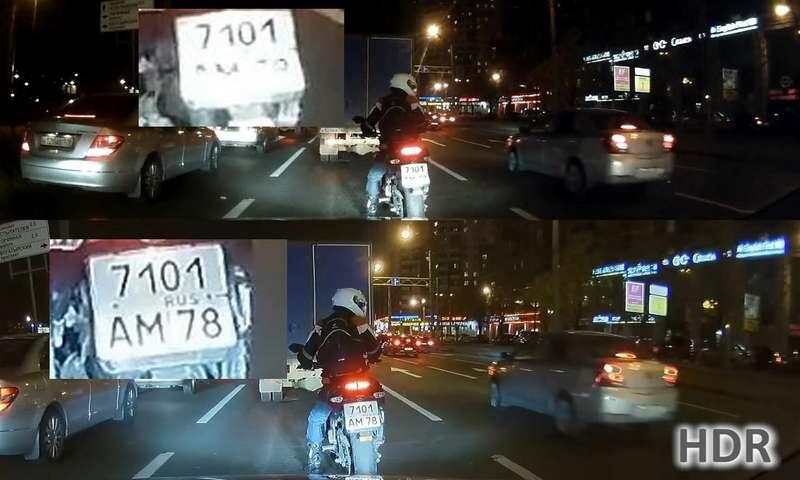    В верхнем кадре номер мотоцикла засвечен, HDR выравнивает яркость и приглушает блик госномера, позволяя сделать цифры и буквы различимыми.
