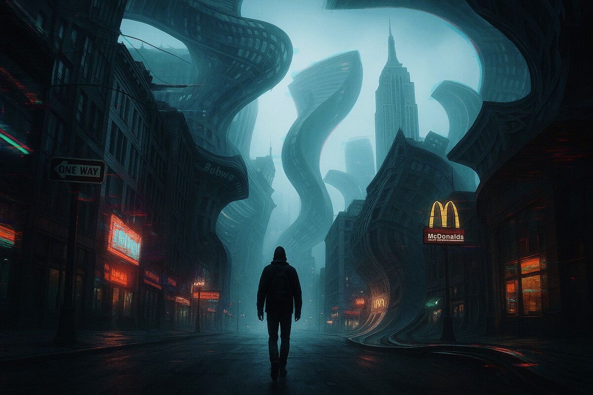 Ты узнаёшь улицу. Но каждый метр - как ошибка в программе.