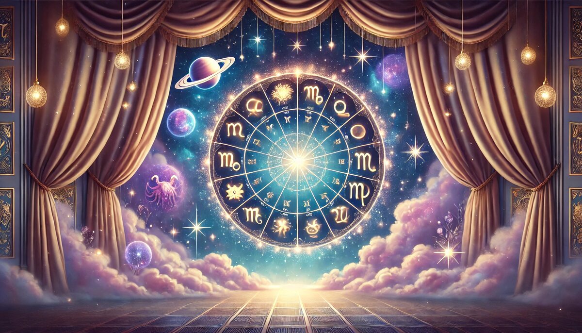 Магическая сцена с астрологическим кругом, звёздным небом и театральными шторами — иллюстрация для гороскопа