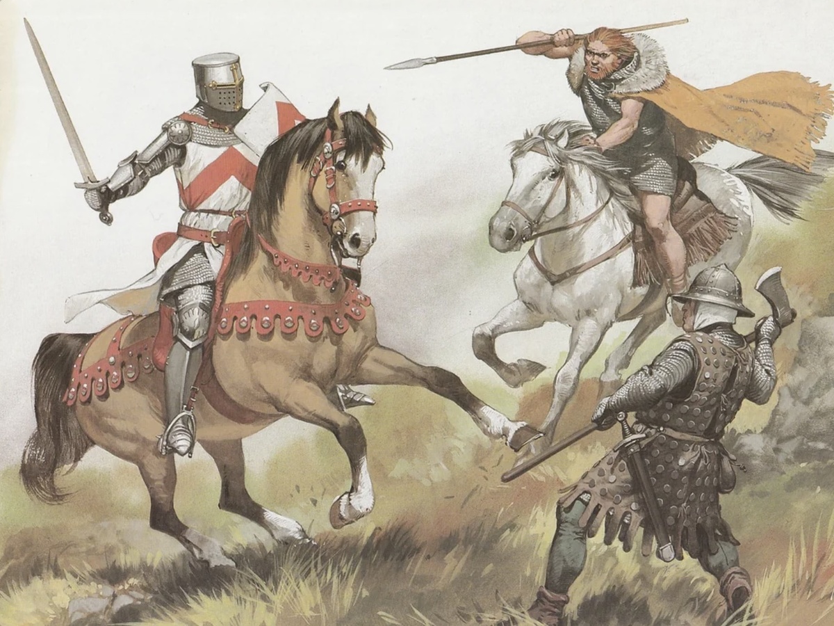 Шотландцы или ирландцы деруться с англичанами. Вроде как даже что-то напоминает битву при Беннокберне.