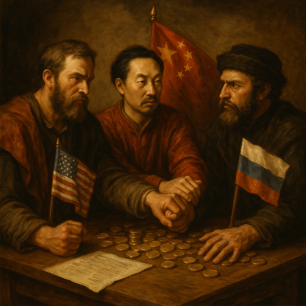 Три аллегорические фигуры — США, Китай и Россия — сидят за столом, полным золота, в напряжённом соперничестве
