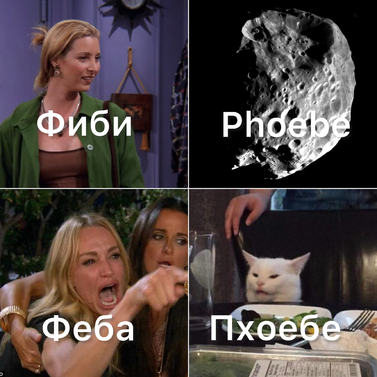 В оригинале спутник Сатурна называется Phoebe - так же зовут персонажа сериала Друзья. Однако, имя девушки мы переводим как Фиби, а название спутника как Феба 