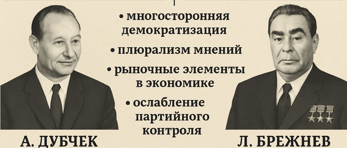 Сравнение курса Брежнева и Дубчека по направлениям: