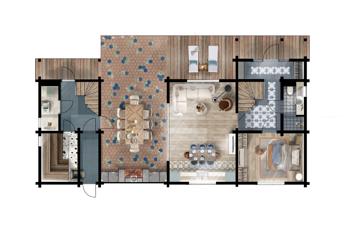 Планировочное решение в цвете с реальными размерами мебели, плитки. Для понимания пространства и успешной работы строителей мы выполняем в дополнение к основным чертежам планировки в цветовом решении.