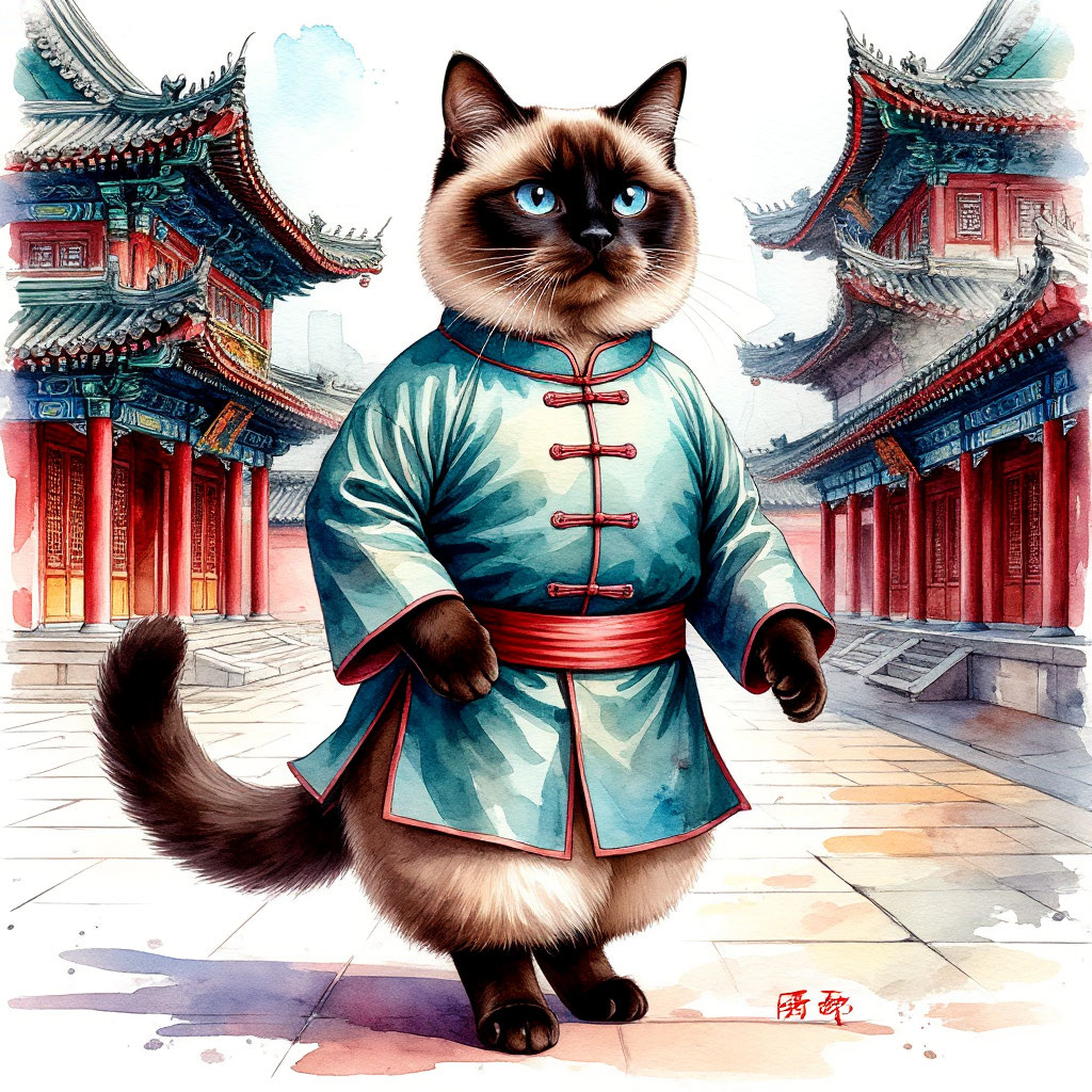 Приключения тайского кота Ти в Древнем Китае: иллюстрация, созданная искусственным интеллектом по моему запросу