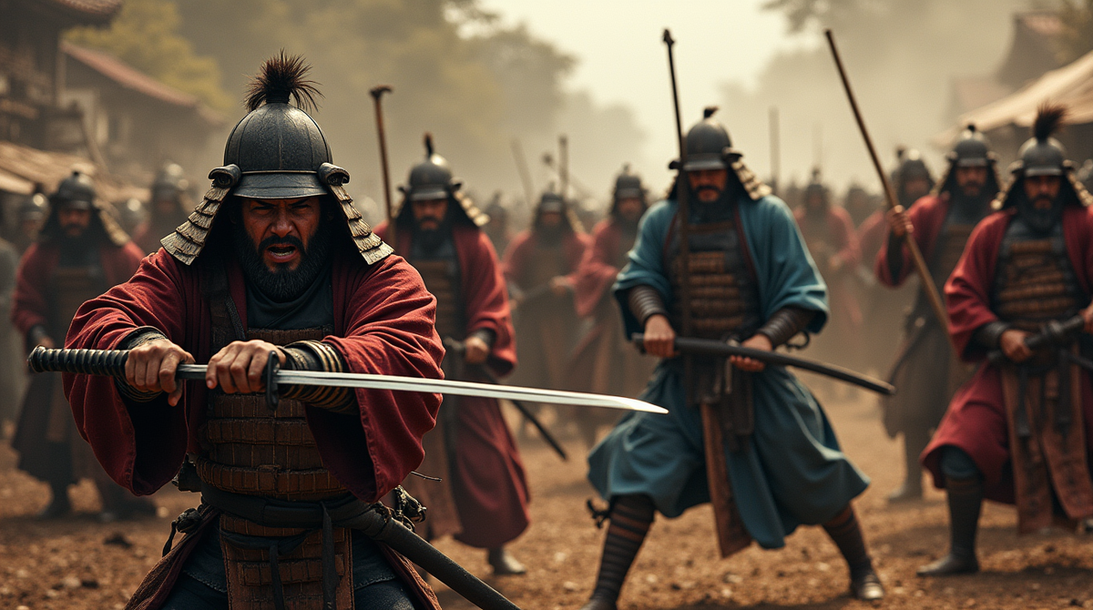 Группа самураев без хозяина, нападающих на торговый караван. На переднем плане – устрашающие лица воинов с обнажёнными мечами.