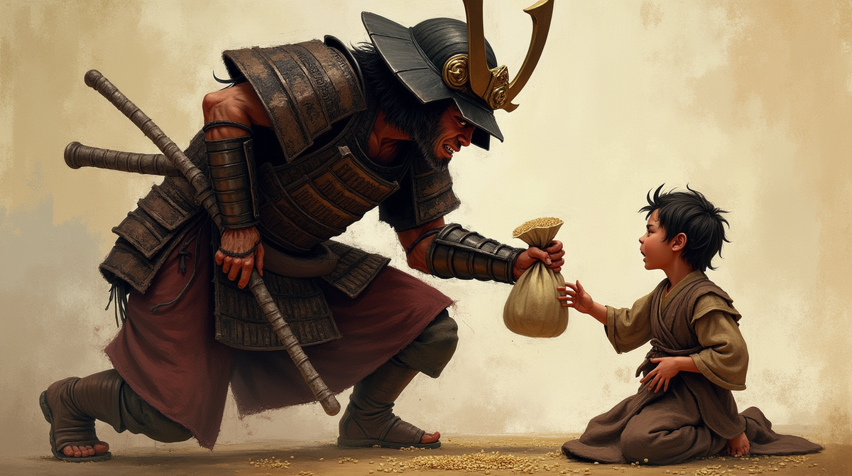 Самурай-рэкетир — самурай в полном боевом облачении, угрожающе нависающий над ребенком бедного крестьянина, который протягивает ему последний мешочек с рисом.