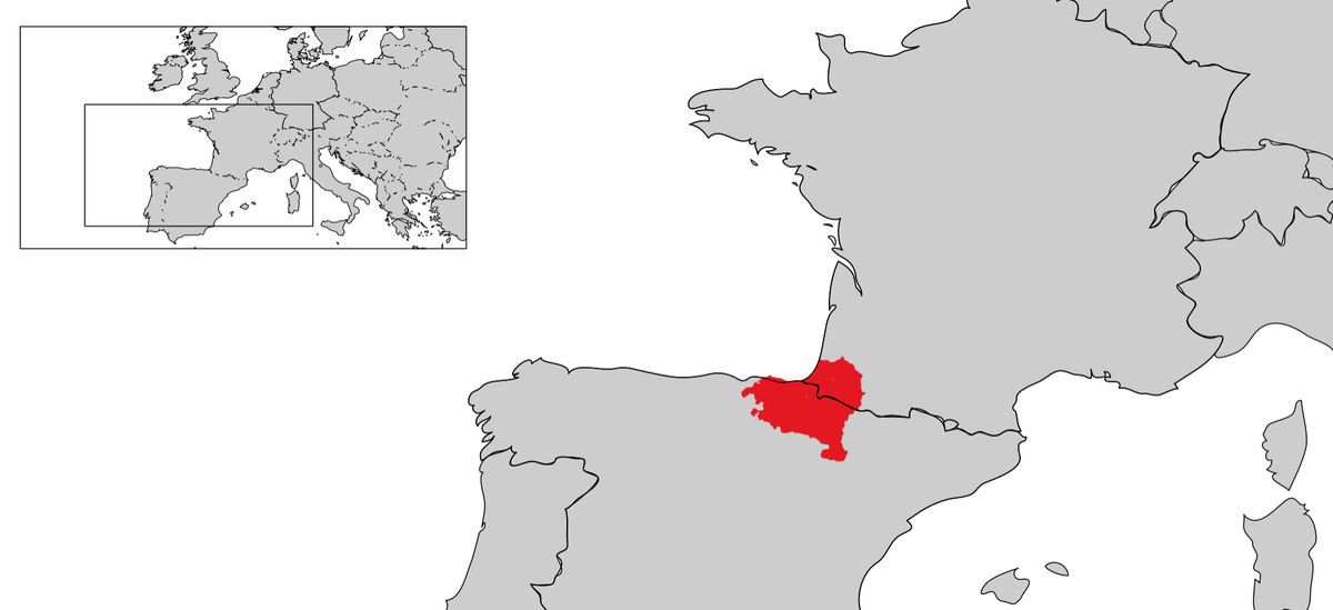Красным цветом обозначена современная территория проживания носителей баскского языка. Изображение взято из Википедии.
