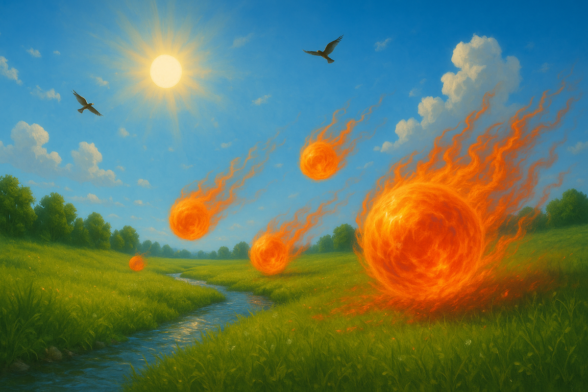 На фото изображена ясная, солнечная сцена, наполненная естественной гармонией: чистое голубое небо, сияющее высокое Солнце, нежные облака, зелёная трава, извивающийся ручей и свободно летящие птицы. Всё кажется спокойным и живым. Но среди этой мирной картины катятся Огненные Шары — воплощение Накатывающей Силы. Они не угрожают, но несут в себе несокрушимую ясность, приближающуюся с достоинством. Их присутствие не нарушает природную красоту — наоборот, подчёркивает, что Смерть, как Движущая Сила, приходит не извне, а из самой полноты Жизни. Их приближение — не кара, а пробуждение