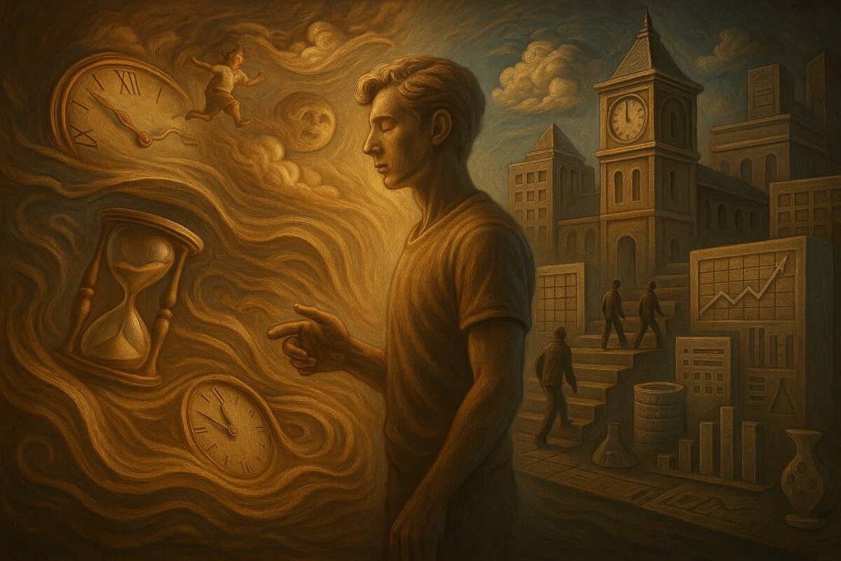 На этом изображении отражена двойственность времени: с одной стороны — субъективное, текучее, эмоциональное восприятие; с другой — упорядоченная, коллективная структура календарей и часов. Человек живёт между этими мирами