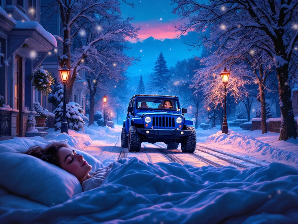    К чему такое снится: На картине изображен синий джип на снежной улице под вечерним зимним небом. Окружающие деревья покрыты снегом, и из джипа виднеется радостное лицо человека, смотряще
