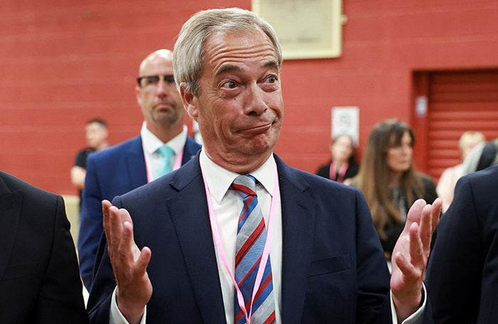    Лидер партии Reform UK Найджел Фарадж.REUTERS/Phil Noble