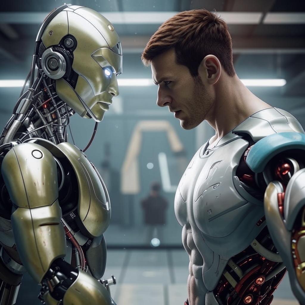 Андроид и человек. Иллюстрация сгенерирована нейросетью