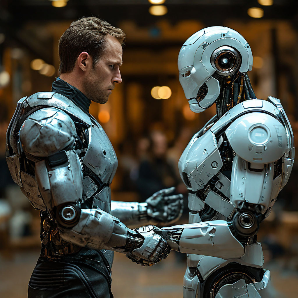 Андроид и человек. Иллюстрация сгенерирована нейросетью
