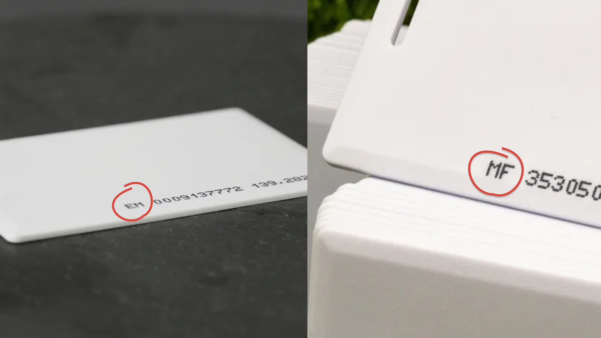 Вот так помечены карты разных типов: EM-Marine и Mifare