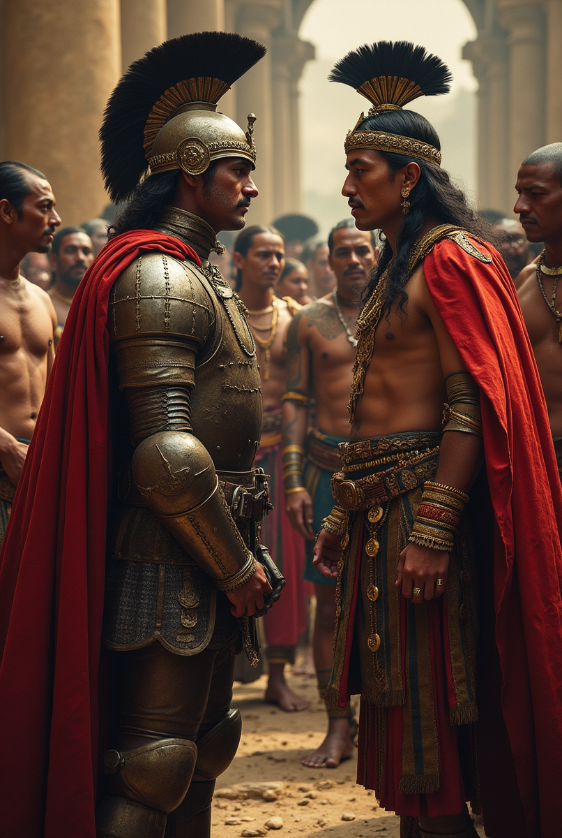 Кортес и Монтесума - драматическая сцена встречи двух лидеров: европеец в доспехах и индейский правитель в роскошных одеждах. Многие на заднем плане умрут от оспы. 