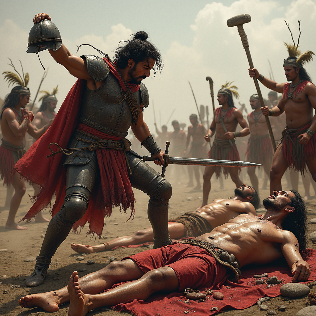 Опытные и подготовленные воины ацтеков были не в силах оказать сопротивление, ослабнув от болезней. Конкистадор демонстративно снимает шлем - демонстрирую тем самым свое презрение и превосходсто противнику.