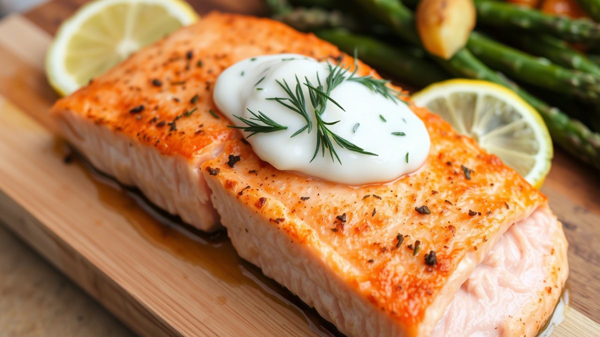 Запеченная семга со сметанным соусом.