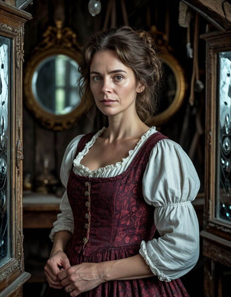 Женщина в своей мастерской, окруженная сверкающими, но таинственными зеркалами, с выражением глубокого размышления на лице.