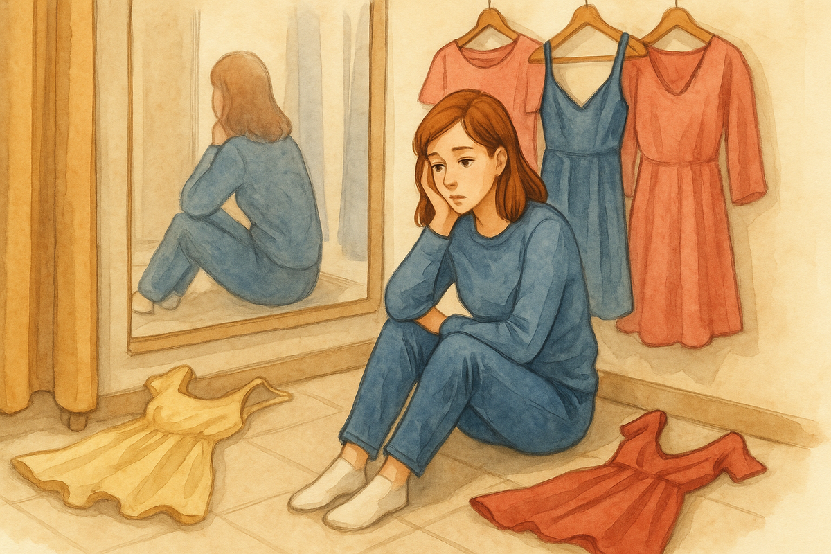 Изображение сгенерировала с помощью ИИ, но оно точно отражает как я грустила в примерочной.
