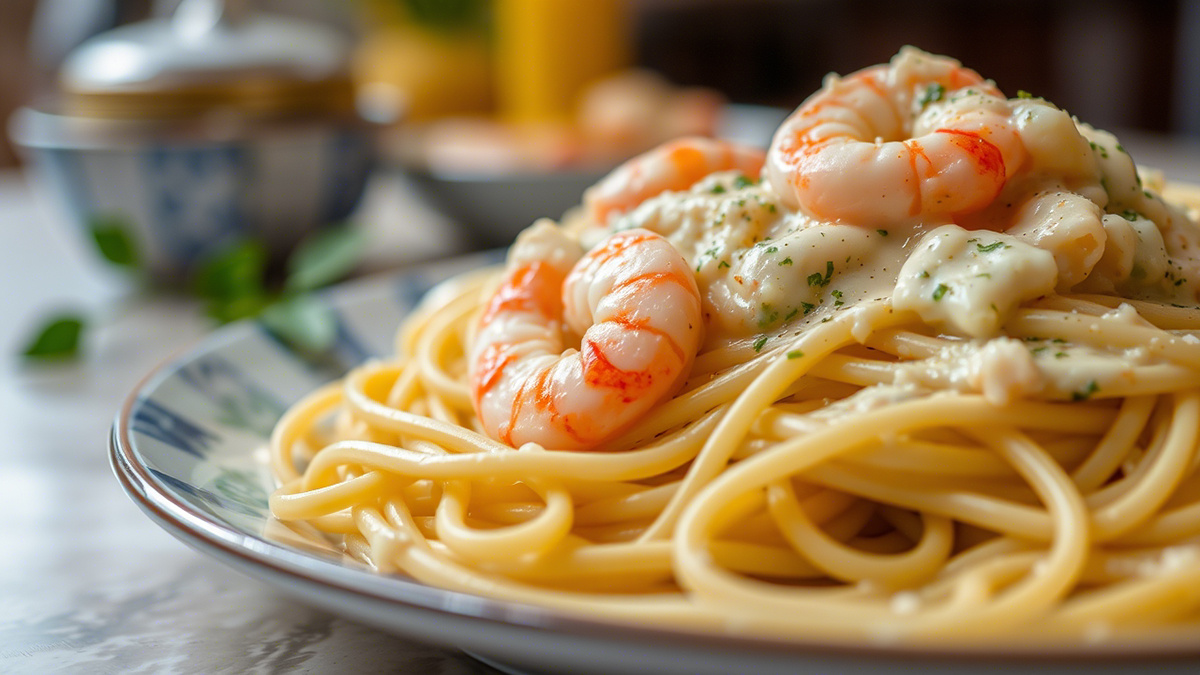 Спагетти с креветками в сливочном соусе