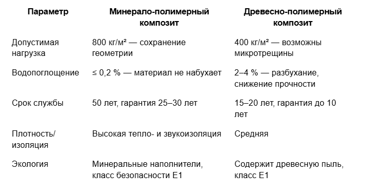 Технические характеристики ступеней из МПК и ДПК