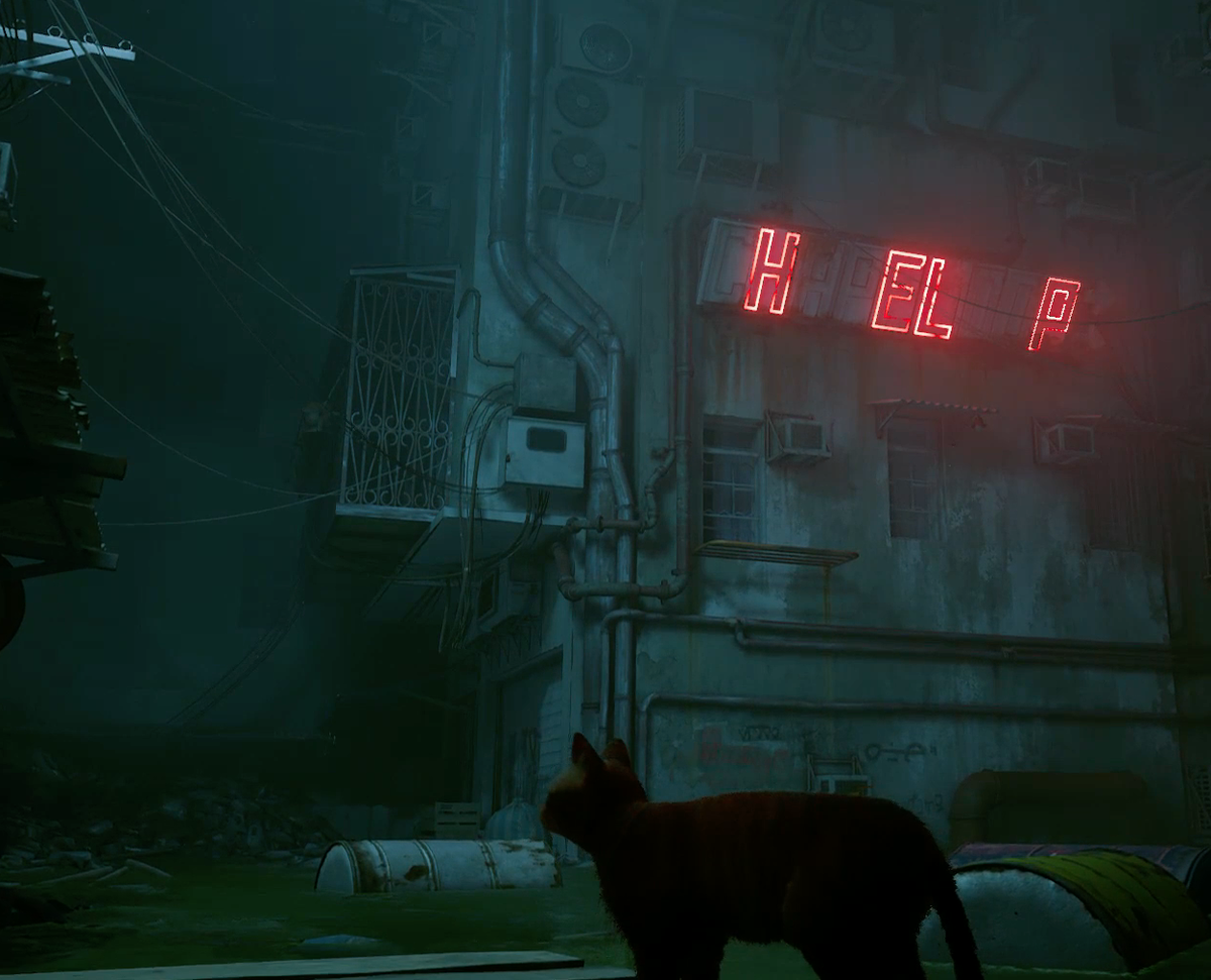 Кот в игре Stray исследует заброшенный город с неоновыми вывесками.