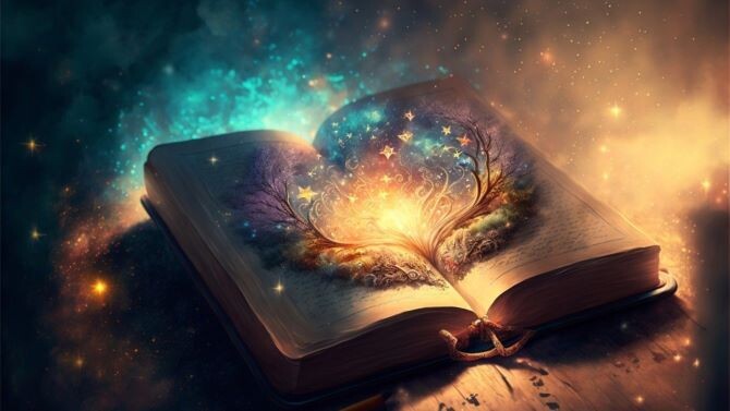 Открытая волшебная книга, из страниц которой исходит сияющий свет, звезды и древовидные узоры на мерцающем темном фоне
