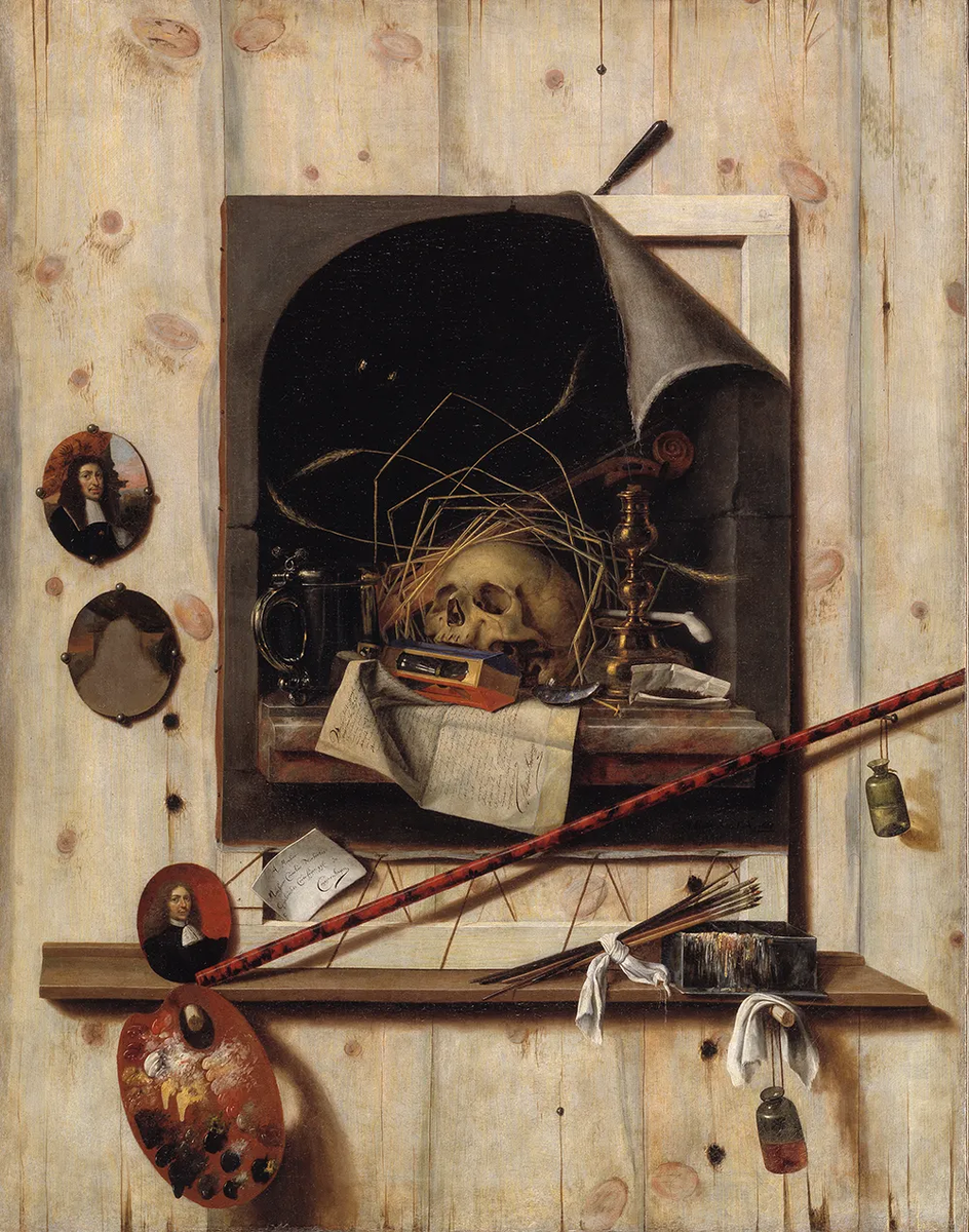 Trompe l’oeil с мастерской и ванитас-натюрмортом (1668) Корнелиса Норбертуса Гейсбрехтса. Холст, масло. 152 × 118 см. Государственный музей искусств, Копенгаген, Дания. Источник изображения.