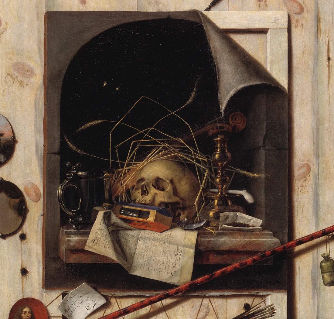 Фрагмент «Trompe l’oeil с мастерской и ванитас-натюрмортом» (1668), Корнелис Норбертус Гейсбрехтс.