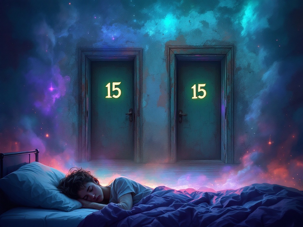    К чему такое снится: Художник изображает молодого человека на фоне панельного дома с открытыми двумя дверями, помеченными номером 15, и одной старой без номера. Подъезд выглядит старым и