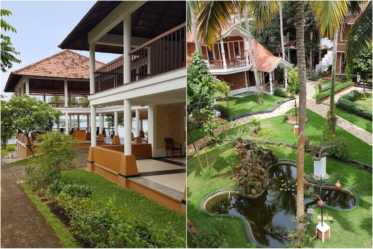 Территория центра Kalari Rasayana. Много зелени, живописное озеро в шаговой доступности, пруд с карпами и уютные домики с балконами создают атмосферу полного слияния с природой. 